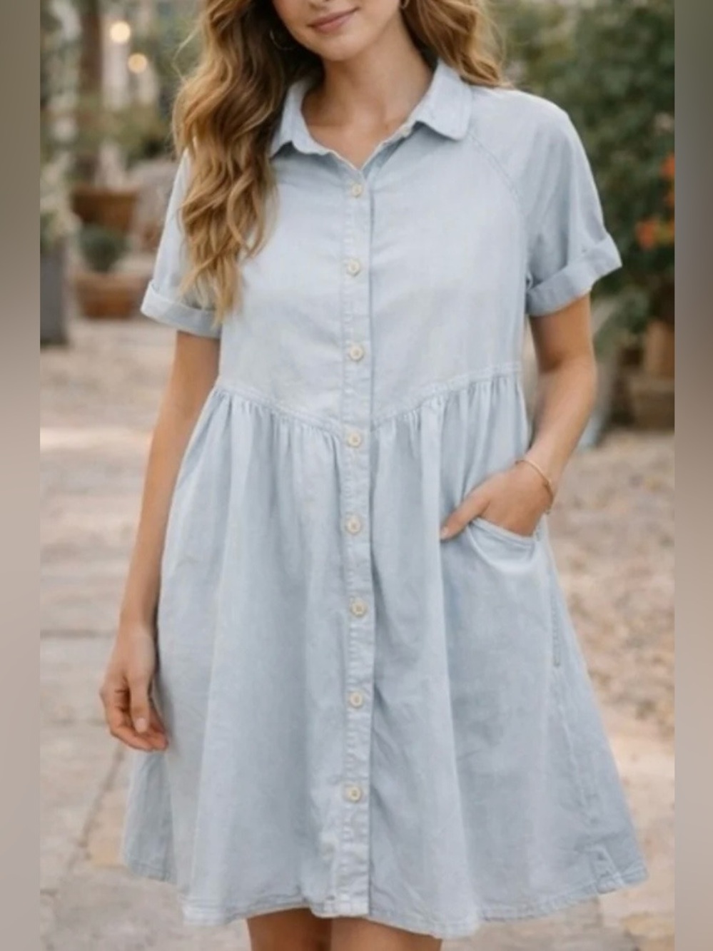 Pact Light Blue Denim Chambray Short-Sleeve Button Front Mini Dress Small